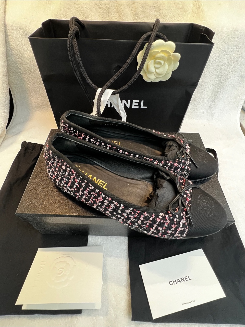 CHANEL Black, Pink & White Tweed Ballet Flats